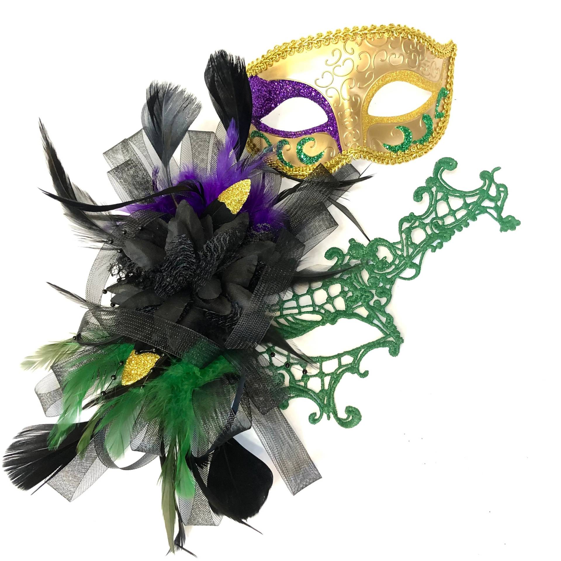 Maskerade Maske Männer Mardi Gras Ball Spitze Feder Schwarz Lila Grün Federn Frauen von HigginsCreek