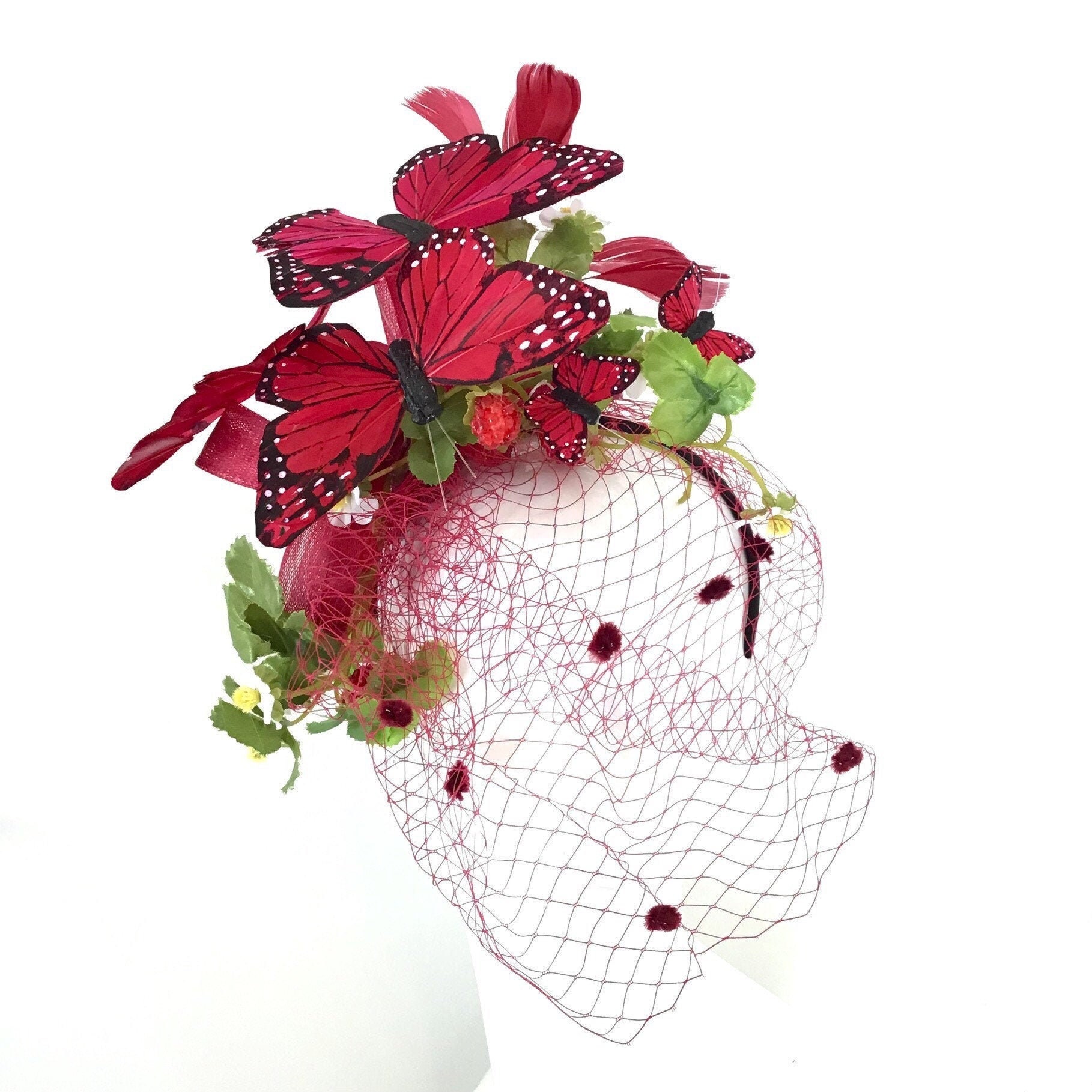 Roter Schmetterling Stirnband Fascinator Cottagecore Kopfschmuck Teeparty Hut Schmetterlinge Krone von HigginsCreek