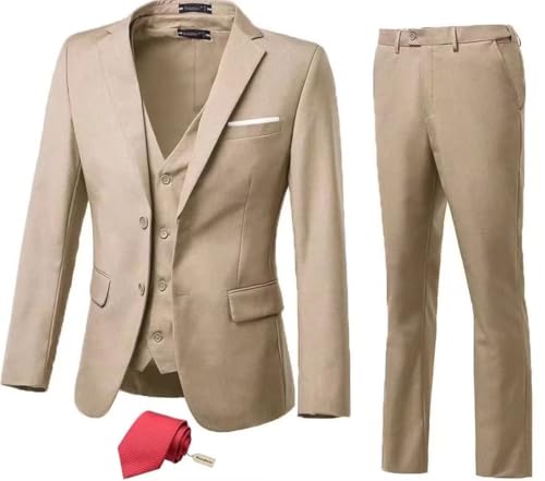 High-End Suits Herrenanzug, 3-teilig, schmale Passform, zwei Knöpfe, Hochzeitsanzug, Abschlussball, Anzug für Herren, Business-Anzug, Jacke, Weste, Hose und Krawatte, Beige, S von High-End Suits