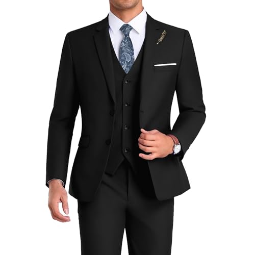 High-End Suits 3 Stück Herren Anzug Set Slim Fit Groomsmen/Prom Anzug für Männer Zwei Knöpfe Business Anzug Jacke Weste Hose und Krawatte, Schwarz, XS von Mrbuerly