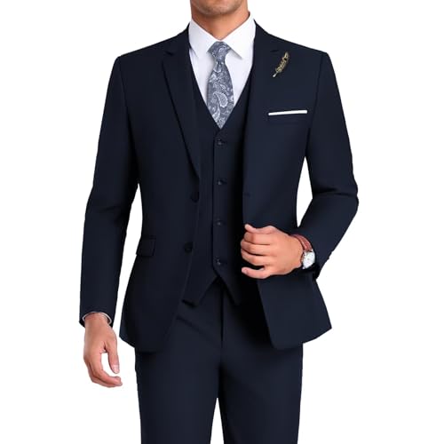 High-End Suits 3-teiliges Herren-Anzug-Set, schmale Passform, für Trauzeugen/Abschlussball, Anzug für Herren, Zwei Knöpfe, Business-Anzug, Jacke, Weste, Hose und Krawatte, Marineblau, M von Mrbuerly
