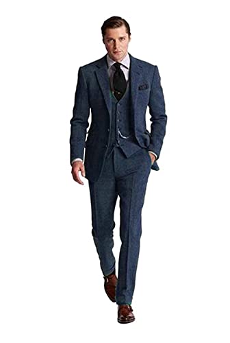 Retro 3 Stück Braun Grau Tweed Fischgrätenmuster Herren Anzüge Slim Fit Bräutigam Smoking Abschlussball Blazer Custom Jacke, Marineblau, XL von High-End Suits