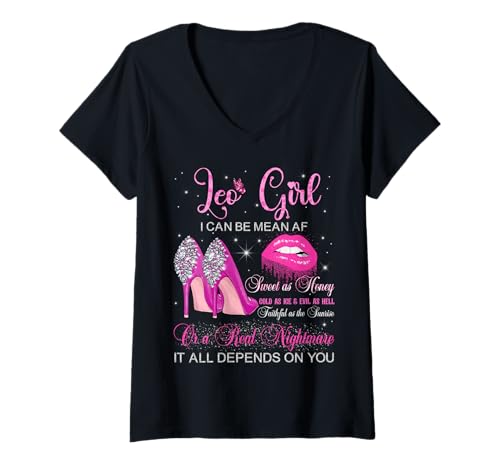 Damen Leo Geburtstags-High Heels mit tropfenden Lippen und Schmetterlingsmotiv T-Shirt mit V-Ausschnitt Damen Leo Geburtstags-High Heels mit tropfenden Lippen und Schmetterlingsmotiv T-Shirt mit V-Ausschnitt von High Heels Dripping Lips Leo Girl Birthday