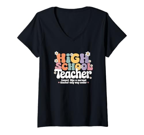 Damen Retro-Groovy-Highschool-Lehrerin, zurück ins Klassenzimmer T-Shirt mit V-Ausschnitt Damen Retro-Groovy-Highschool-Lehrerin, zurück ins Klassenzimmer T-Shirt mit V-Ausschnitt von High School Teacher Apparel for Women & Men