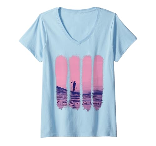 Damen Catch Me in the Waves Summer Ocean Surfer Pinselstriche T-Shirt mit V-Ausschnitt von High Tide Threads
