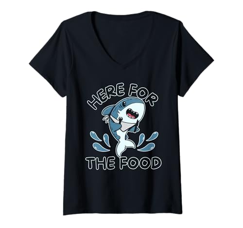 Damen Hier zum Essen Cute Funny Shark Ocean Life Meeresbiologie T-Shirt mit V-Ausschnitt von High Tide Threads