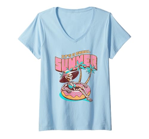Damen It's a Ghoul Summer Skeleton Funny Spooky Summerween Retro T-Shirt mit V-Ausschnitt von High Tide Threads