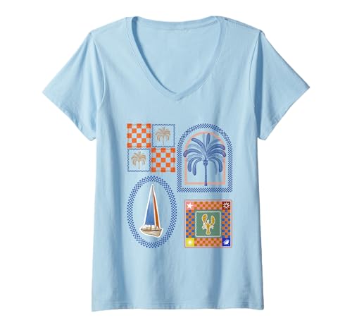 Damen Retro-Patchwork, nautisches Küsten-Design T-Shirt mit V-Ausschnitt von High Tide Threads