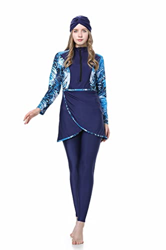 Highdi Damen 3 Stück Muslimische Badeanzug - Full Cover Bademode mit Hijab Drucken Islamische Burkini Frauen Bescheidene Badebekleidung Modest Swimwear, Blau, XL von Highdi
