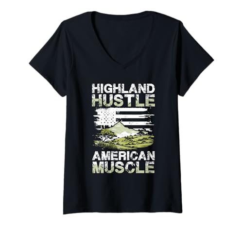 Damen Highland Hustle Amerikanische Landschaft T-Shirt mit V-Ausschnitt Damen Highland Hustle Amerikanische Landschaft T-Shirt mit V-Ausschnitt von Highland Adventure American Mountains Spirit