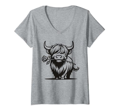 Damen Hochlandrind Highland Cow Rose Schottisches Hochlandrind Kuh T-Shirt mit V-Ausschnitt Damen Hochlandrind Highland Cow Rose Schottisches Hochlandrind Kuh T-Shirt mit V-Ausschnitt von Highland Cow Arkulaoma