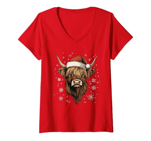 Damen Weihnachtsmütze mit Kuh-Motiv, lustig, niedlich, Bauernhof, Weihnachten T-Shirt mit V-Ausschnitt Damen Weihnachtsmütze mit Kuh-Motiv, lustig, niedlich, Bauernhof, Weihnachten T-Shirt mit V-Ausschnitt von Highland Cow - Christmas Apparel & Gifts