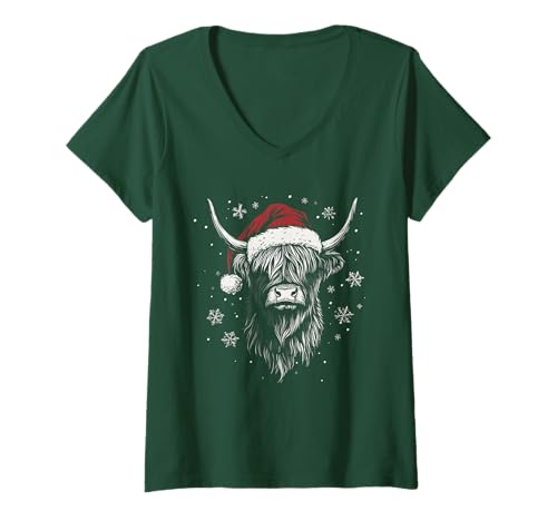 Damen Weihnachtsmütze mit Kuh-Motiv, lustig, niedlich, Bauernhof, Weihnachten T-Shirt mit V-Ausschnitt Damen Weihnachtsmütze mit Kuh-Motiv, lustig, niedlich, Bauernhof, Weihnachten T-Shirt mit V-Ausschnitt von Highland Cow - Christmas Apparel & Gifts