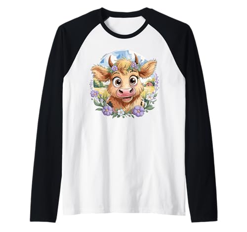 Baby Highland Cow With Purple Flowers Scottish Farm Raglan Baby Highland Cow With Purple Flowers Scottish Farm Raglan von Highland Cow Designs by SoSo