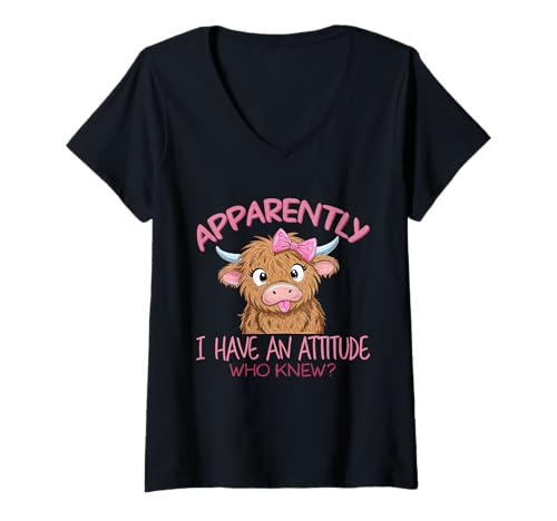 Damen Anscheinend habe ich eine Einstellung, die den Humor von Highland Cow kannte T-Shirt mit V-Ausschnitt Damen Anscheinend habe ich eine Einstellung, die den Humor von Highland Cow kannte T-Shirt mit V-Ausschnitt von Highland Cow Farm Animal Farmer Girl Apparel