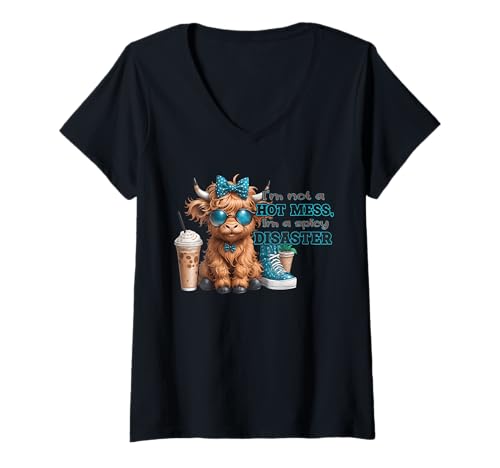 Damen Niedliche Highland Cow I'm Not A Hot Mess I'm A Spicy Disaster T-Shirt mit V-Ausschnitt Damen Niedliche Highland Cow I'm Not A Hot Mess I'm A Spicy Disaster T-Shirt mit V-Ausschnitt von Highland Cow Funny Shirt Women Girl Gift Cute