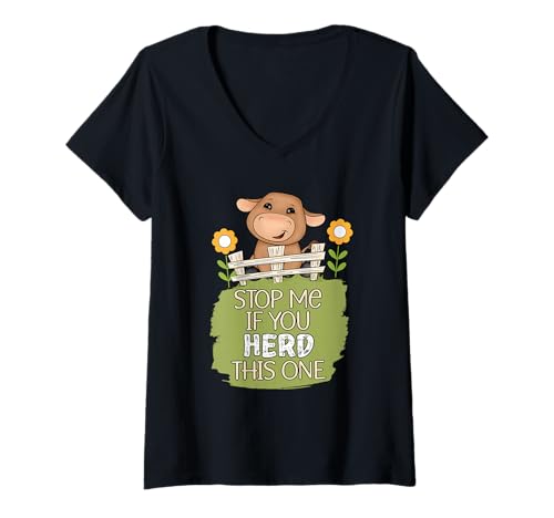 Damen Stop Me If You Herd This One, lustiger Witz Highland Cow T-Shirt mit V-Ausschnitt von Highland Cow Gifts For Cow Lovers