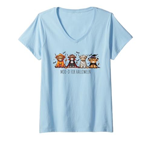 Damen Süßes Highland Cow Halloween Kostüm Kürbis Hexe Vampir T-Shirt mit V-Ausschnitt von Highland Cow Halloween Costume Funny Fall Outfits