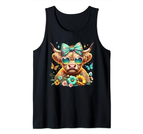 Highland Cow Mama Blumen Schleife Brille Schmetterling Orange Blaugrün Tank Top von Highland Cow Land of NYC