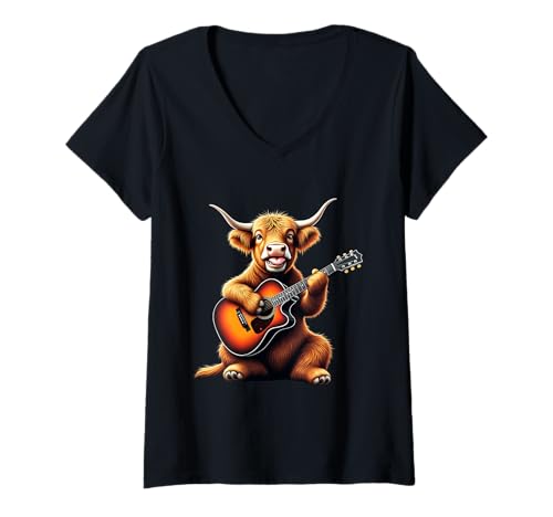 Damen Lustiges Highland Cow Playing Guitar Design für Musikliebhaber T-Shirt mit V-Ausschnitt Damen Lustiges Highland Cow Playing Guitar Design für Musikliebhaber T-Shirt mit V-Ausschnitt von Highland Cow Lovers Designs