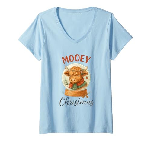 Damen Mooey Christmas Highland Cow Snow Globe Cozy Holiday T-Shirt mit V-Ausschnitt Damen Mooey Christmas Highland Cow Snow Globe Cozy Holiday T-Shirt mit V-Ausschnitt von Highland Holiday Herd Co.