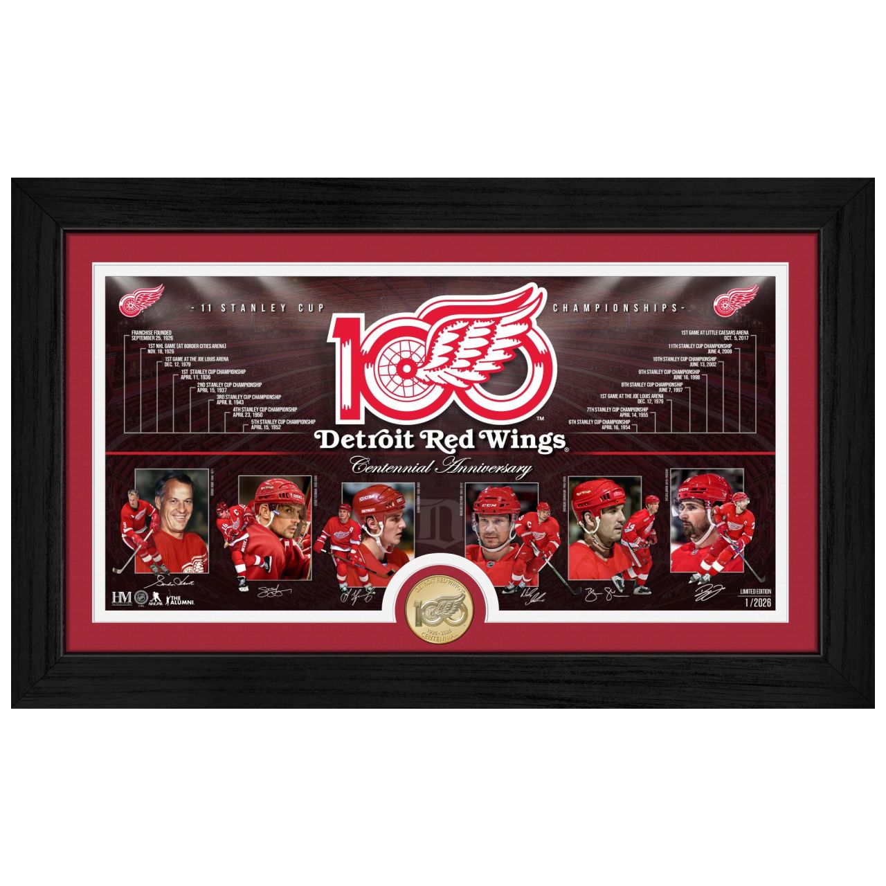 Detroit Red Wings 100th Anniversary Bronze Coin Bild Rahmen von Highland Mint
