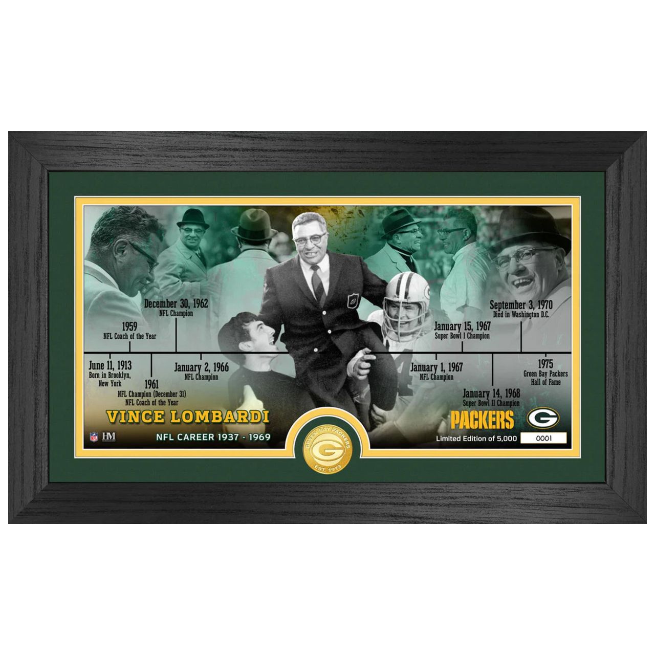 Green Bay Packers Vince Lombardi Career Timeline Coin Bild von Highland Mint