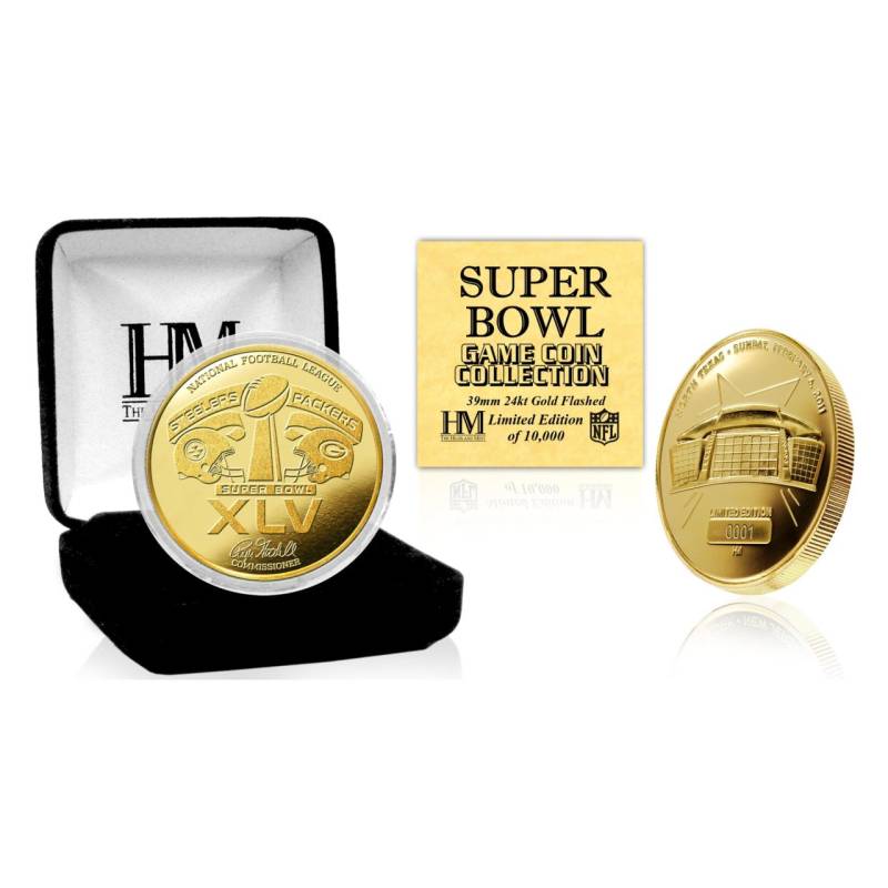 Super Bowl XLV Gold Flip Coin NFL Münze 39mm, vergoldet von Highland Mint