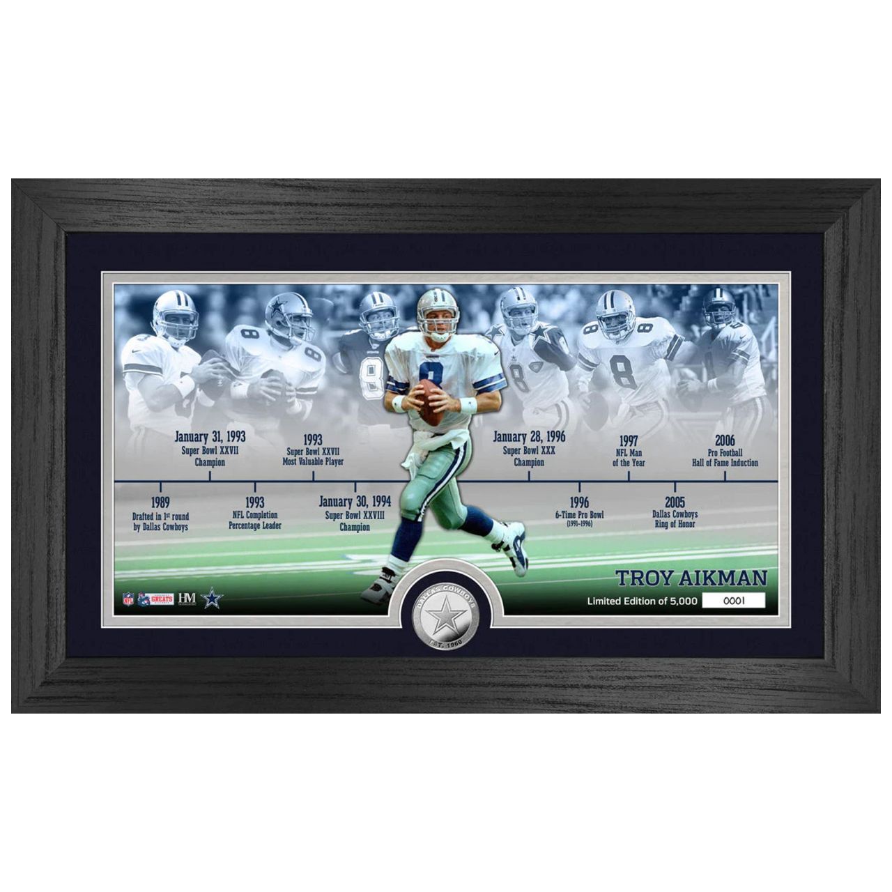 Troy Aikman Cowboys Career Timeline Coin Panorama Bild von Highland Mint
