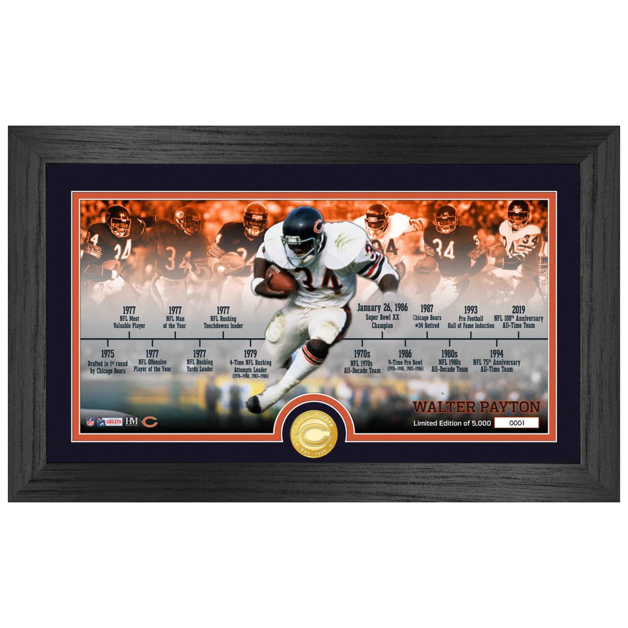 Walter Payton Chicago Bears Timeline Panorama Coin Bild von Highland Mint