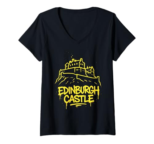 Damen Graffiti-Straßenkunstwerk von Edinburgh Castle T-Shirt mit V-Ausschnitt Damen Graffiti-Straßenkunstwerk von Edinburgh Castle T-Shirt mit V-Ausschnitt von Highland Street