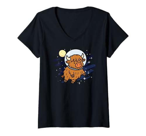 Damen Highland Cow Astronaut Weltraum Tierliebhaber Mond Jungen Mädchen T-Shirt mit V-Ausschnitt Damen Highland Cow Astronaut Weltraum Tierliebhaber Mond Jungen Mädchen T-Shirt mit V-Ausschnitt von HighlandCowAxis1