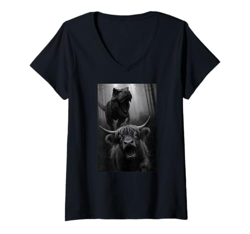 Damen Lustiges Highland Cow Dinosaurier Trex Selfie Tierliebhaber T-Shirt mit V-Ausschnitt Damen Lustiges Highland Cow Dinosaurier Trex Selfie Tierliebhaber T-Shirt mit V-Ausschnitt von HighlandCowAxis1