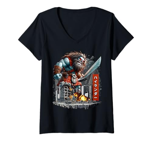 Damen Lustiges Highlander Schottisches Highland Cow Kaiju Monster T-Shirt mit V-Ausschnitt Damen Lustiges Highlander Schottisches Highland Cow Kaiju Monster T-Shirt mit V-Ausschnitt von Highlander Cow Kaiju Monster Clothing