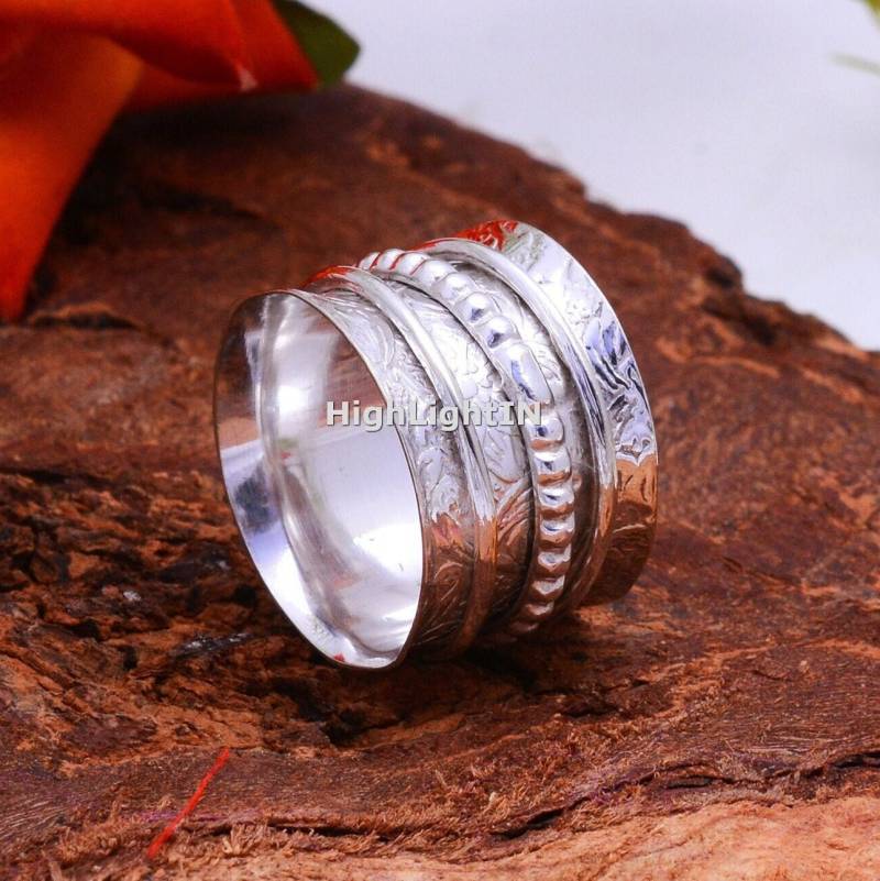 925 Sterling Silber Ring | Anti-Angst-Ring Daumen Boho Geschenk Für Sie Handgemachter Spinner Breite Bandring Fidget von HighlightIN