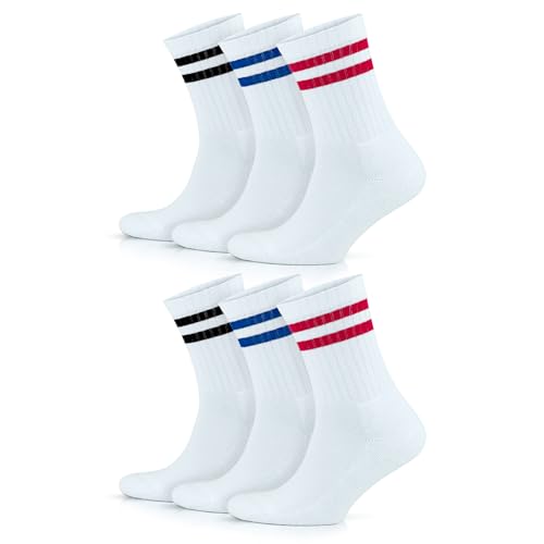 Hightex 6er Pack, Gekämmte Baumwolle, Vollfrottee, Weiss Socken, Farbige Ringel, Sport und Tennis Socken für Damen und Herren, Retro Socken Gröbe 40-44 Model 4205 von Hightex