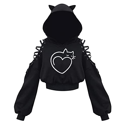 Damen Cat Ears Black Hoodie Langarm Kapuzenpullover Sweatshirt Hollow Out Gothic Bluse Tops von Higlles