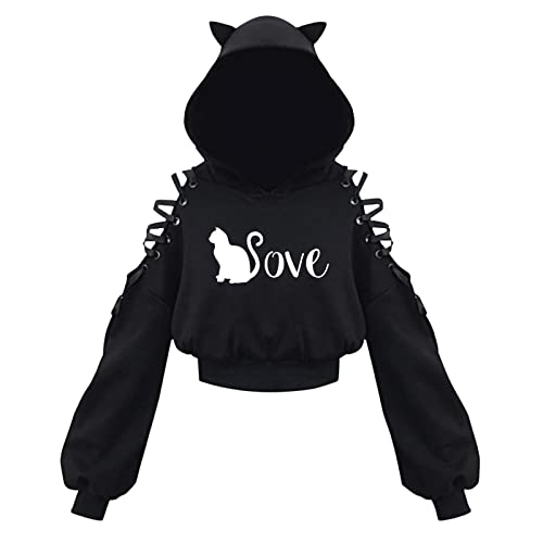 Damen Cat Ears Black Hoodie Langarm Kapuzenpullover Sweatshirt Hollow Out Gothic Bluse Tops von Higlles