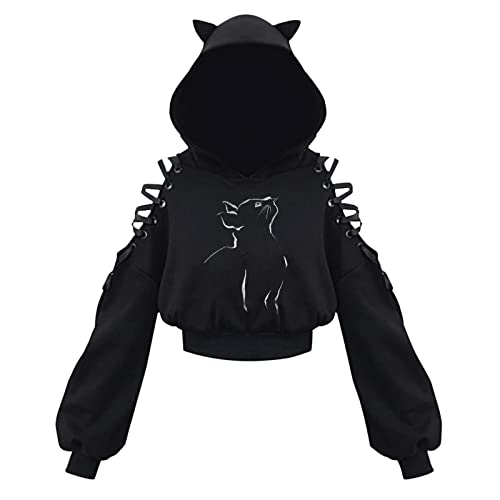 Damen Cat Ears Black Hoodie Langarm Kapuzenpullover Sweatshirt Hollow Out Gothic Bluse Tops von Higlles