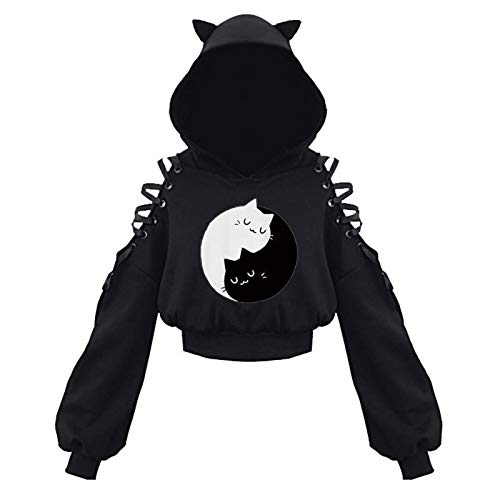 Damen Cat Ears Black Hoodie Langarm Kapuzenpullover Sweatshirt Hollow Out Gothic Tops Bluse Mit Motiv von Higlles