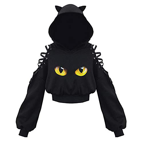 Damen Cat Ears Black Hoodie Langarm Kapuzenpullover Sweatshirt Hollow Out Gothic Tops Bluse Mit Motiv von Higlles