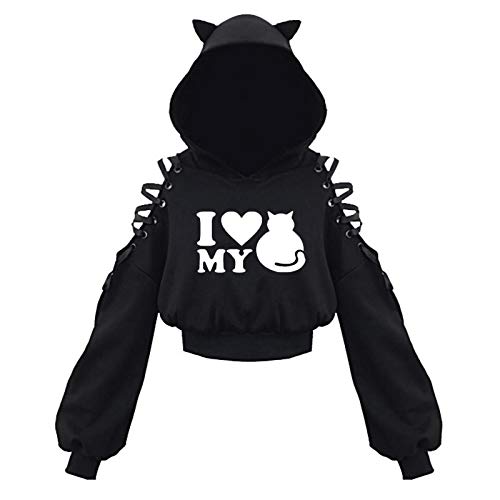 Damen Cat Ears Black Hoodie Langarm Kapuzenpullover Sweatshirt Hollow Out Gothic Tops Bluse Mit Motiv von Higlles