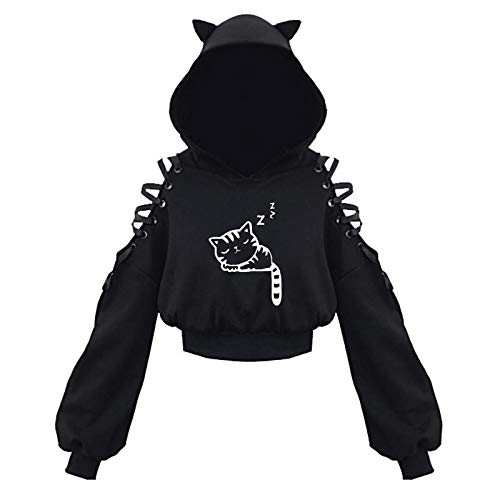 Damen Cat Ears Black Hoodie Langarm Kapuzenpullover Sweatshirt Hollow Out Gothic Tops Bluse Mit Motiv von Higlles