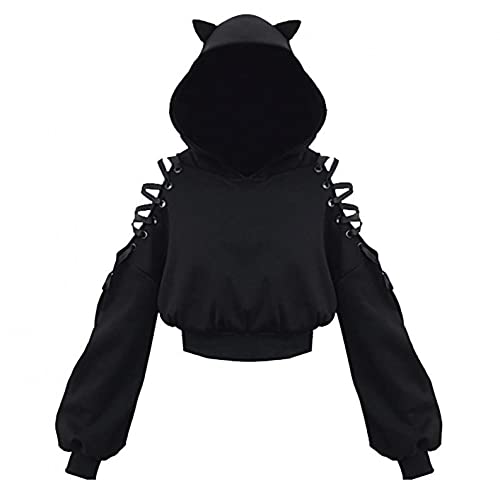 Higlles Damen Cat Ears Black Hoodie Langarm Kapuzenpullover Sweatshirt Hollow Out Gothic Tops Bluse S von Higlles