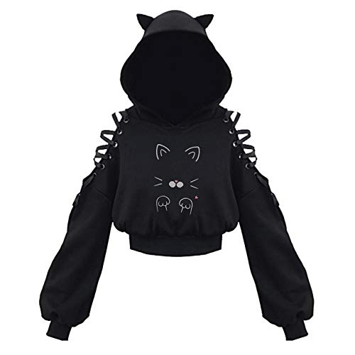 "Higlles "Damen Cat Ears schwarz Hoodie Langarm Kapuzenpullover Sweatshirt aushöhlen Gothic Tops Bluse Mit Motiv von Higlles