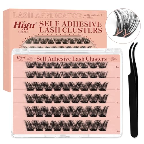 Higu clace Selbstklebende Wimpern, 54pcs D Curl vorgeklebte Wimpern Set mix8-16mm, Wimpernpinzette, kein Kleber und Entferner erforderlich, DIY falsche Wimpernbüschel zum Aufdrücken (Dense 8-16mm) von Higu clace