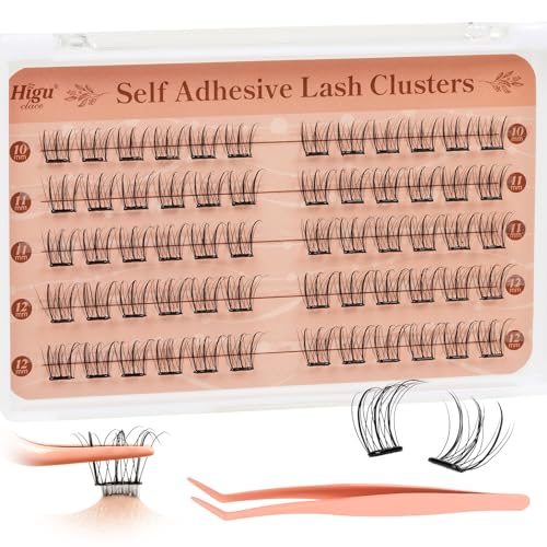 Higu clace Selbstklebende Wimpern,60pcs D Curl vorgeklebte Wimpern Set, Wimpernpinzette, kein Kleber und Entferner erforderlich, DIY falsche Wimpernbüschel zum Aufdrücken von Higu clace