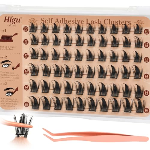 Higu clace Selbstklebende Wimpern,60pcs D Curl vorgeklebte Wimpern Set, Wimpernpinzette, kein Kleber und Entferner erforderlich, DIY falsche Wimpernbüschel zum Aufdrücken von Higu clace