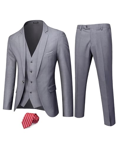 Hihawk Herren 3-teiliger Anzug mit Stretch-Stoff, solide schmale Passform, EIN-Knopf-Anzug, Blazer-Set, Jacke, Weste, Hose mit Krawatte, GRAU, S von Hihawk