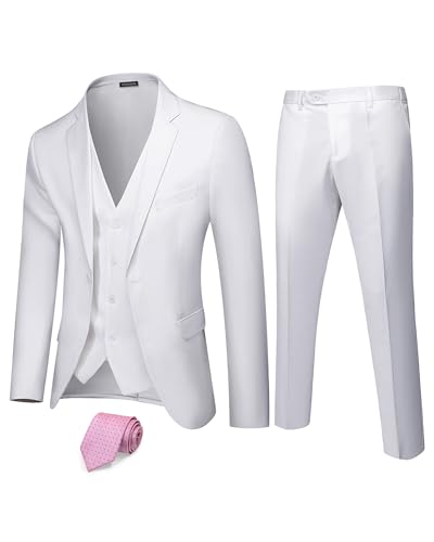 Hihawk Herren 3-teiliger Anzug mit Stretch-Stoff, solide schmale Passform, EIN-Knopf-Anzug, Blazer-Set, Jacke, Weste, Hose mit Krawatte, Reines Weiß, M von Hihawk